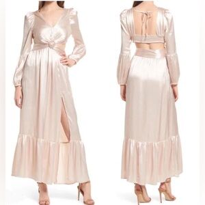 Rahi Leila Luster Long Sleeve Maxi Dress in Blush | Crossover Front | Open Back